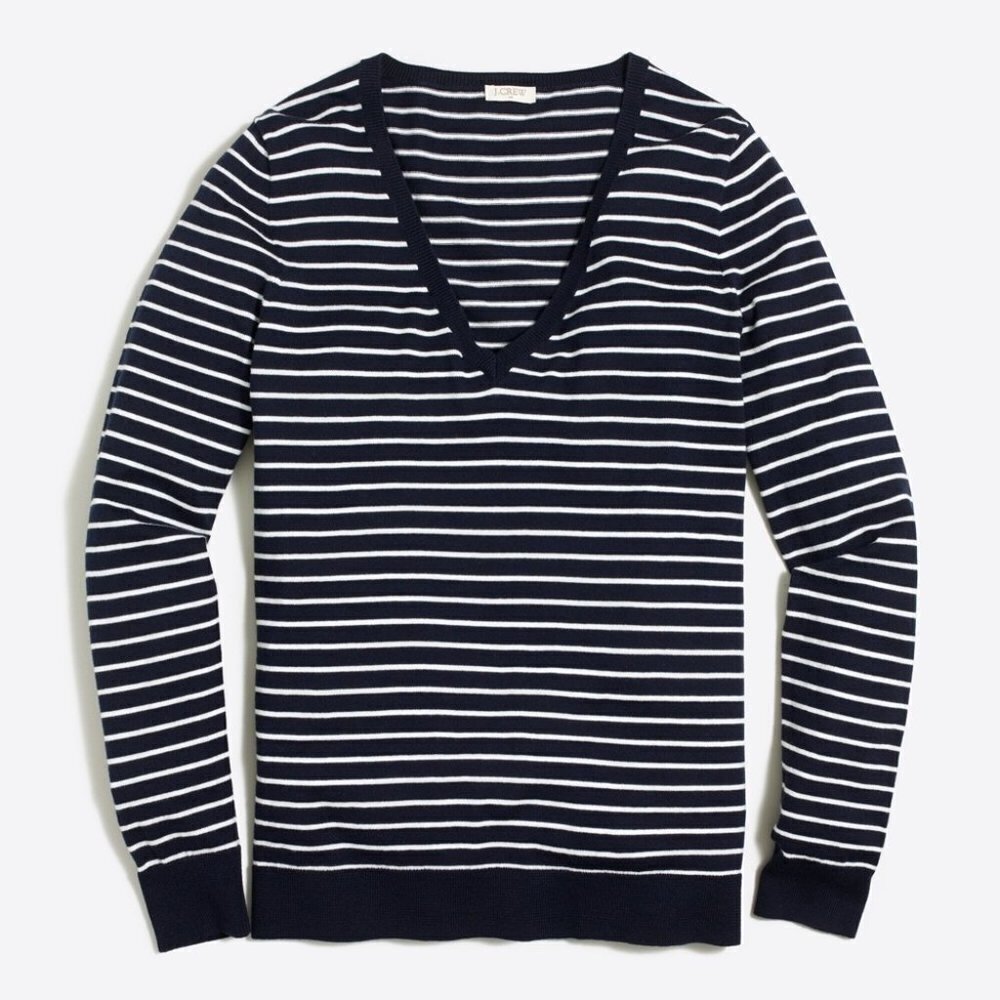 ** J. Crew Navy Striped 100% Cotton V-Neck Sweater Size S